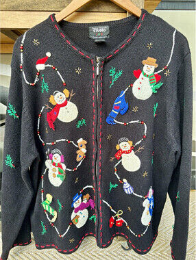 Vintage Studio Women’s XL Full Zip Knit Crew Neck Cardigan Sweater Black Snowman